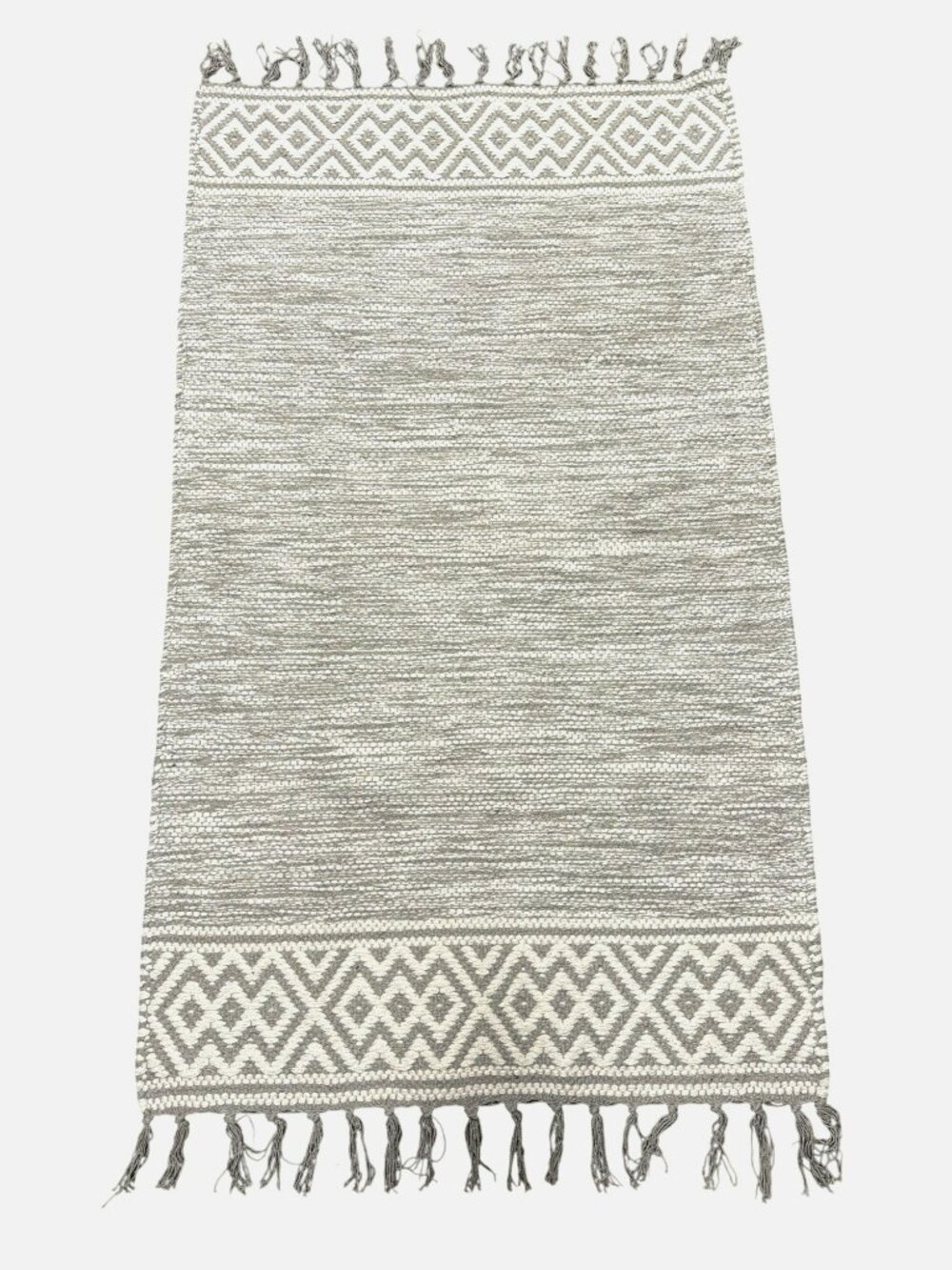 Handwoven Cotton Area Rug With Gray & White Geometric Pattern And Fringe Design